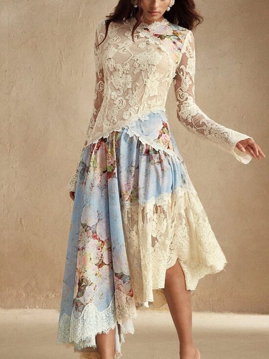 MODA ME COUTURE Dresses & Skirts - Blue Elegant Women's Romantic Lace Patchwork Woven Dress